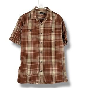 Line Of Trade Shirt Mens L Large Short Sleeve Orange Plaid Button Down Waffle